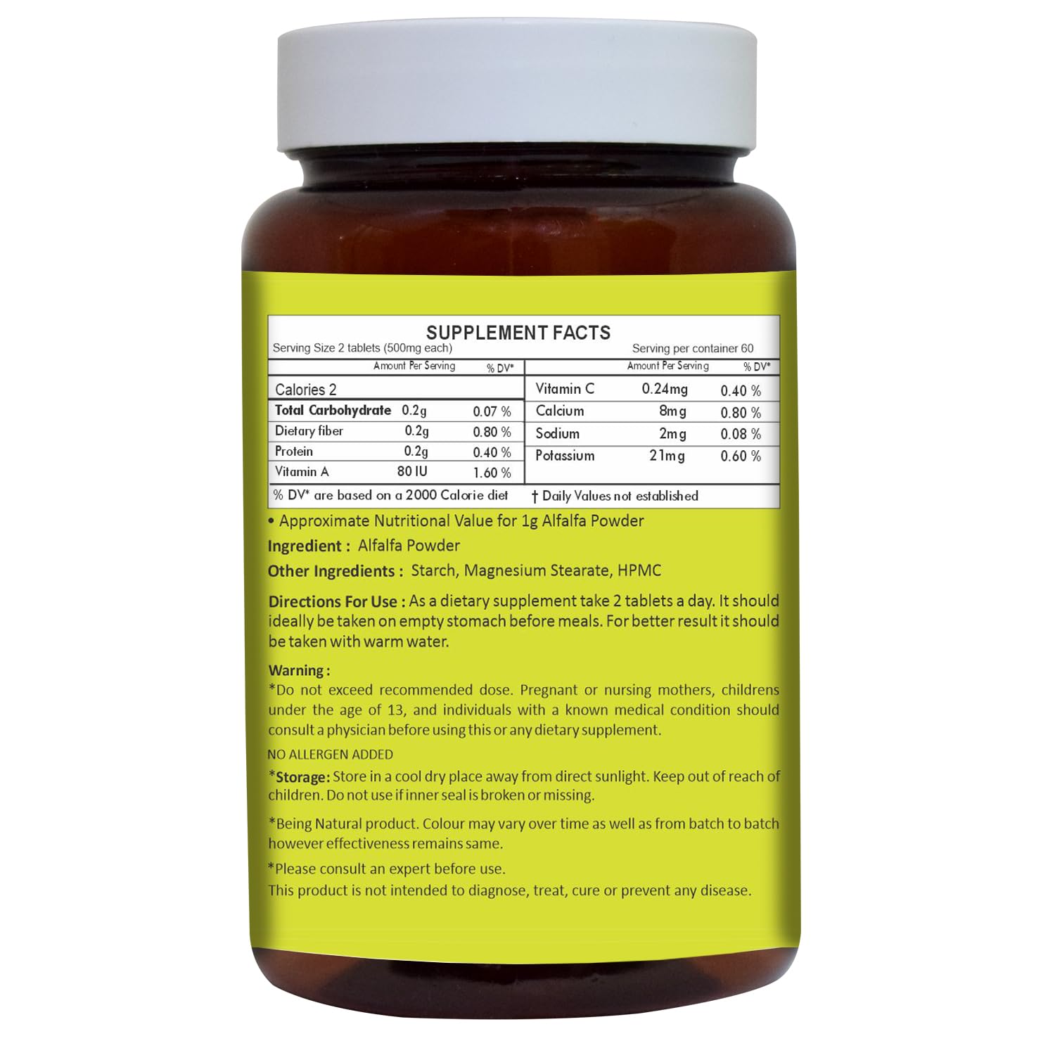Product label of Herbal Hills Alfalfa Tablets