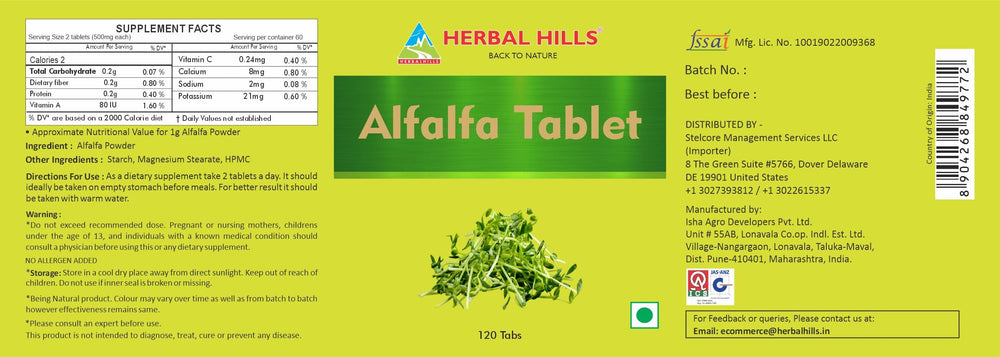 Nutrition facts panel for Herbal Hills Alfalfa Tablets