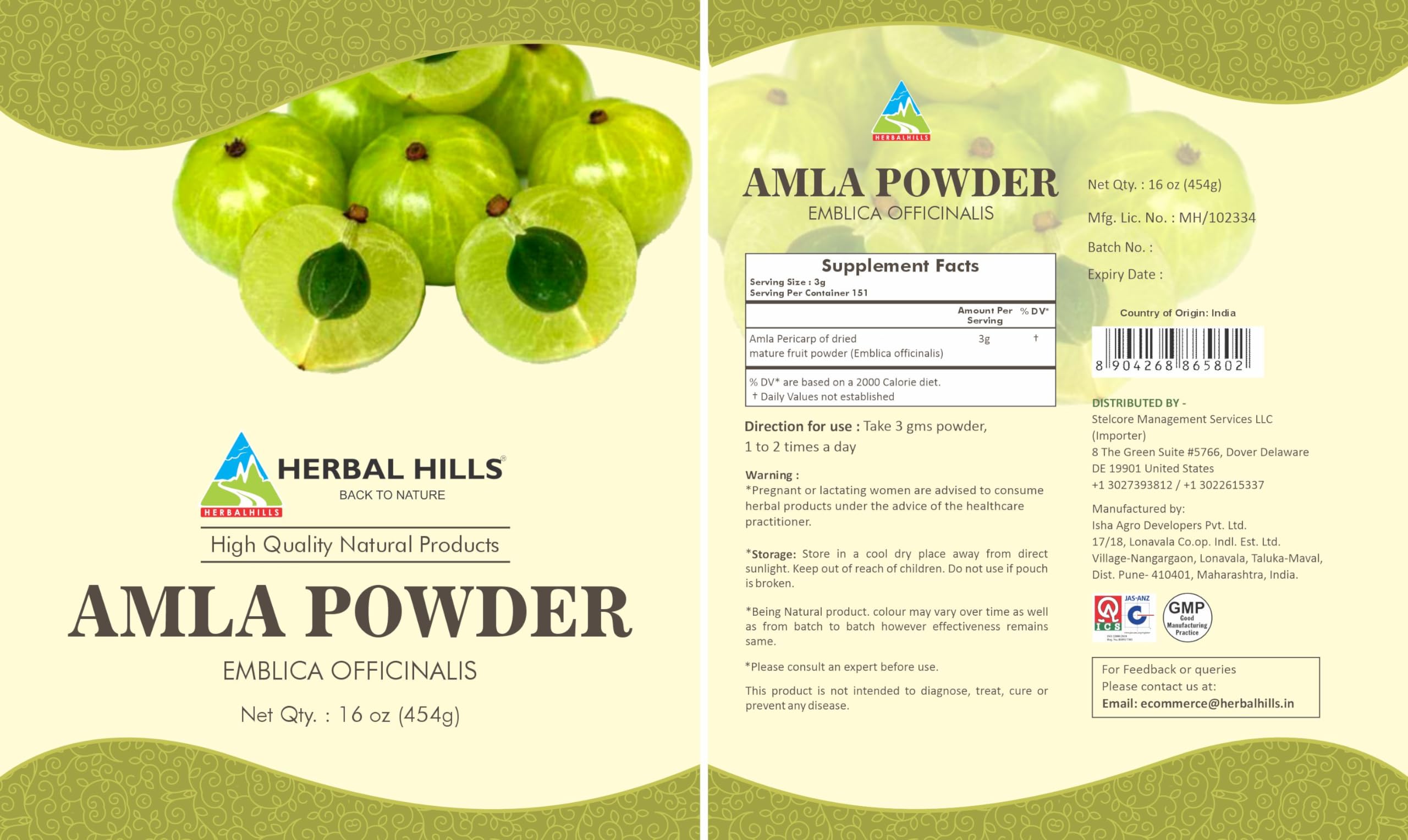 Nutrition facts for Herbal Hills Amla Powder