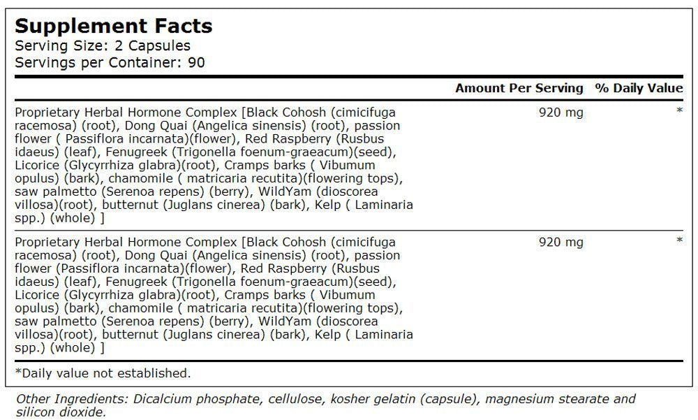 Close-up of Herbal Hormone Complex ingredients: Black Cohosh, Dong Quai, Passion Flower, Red Raspberry, Fenugreek, Licorice, Chamomile, Cramp Bark, Saw Palmetto, Wild Yam, Butternut and Kelp