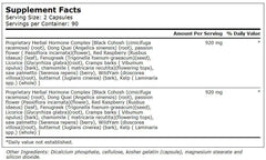 Close-up of Herbal Hormone Complex ingredients: Black Cohosh, Dong Quai, Passion Flower, Red Raspberry, Fenugreek, Licorice, Chamomile, Cramp Bark, Saw Palmetto, Wild Yam, Butternut and Kelp