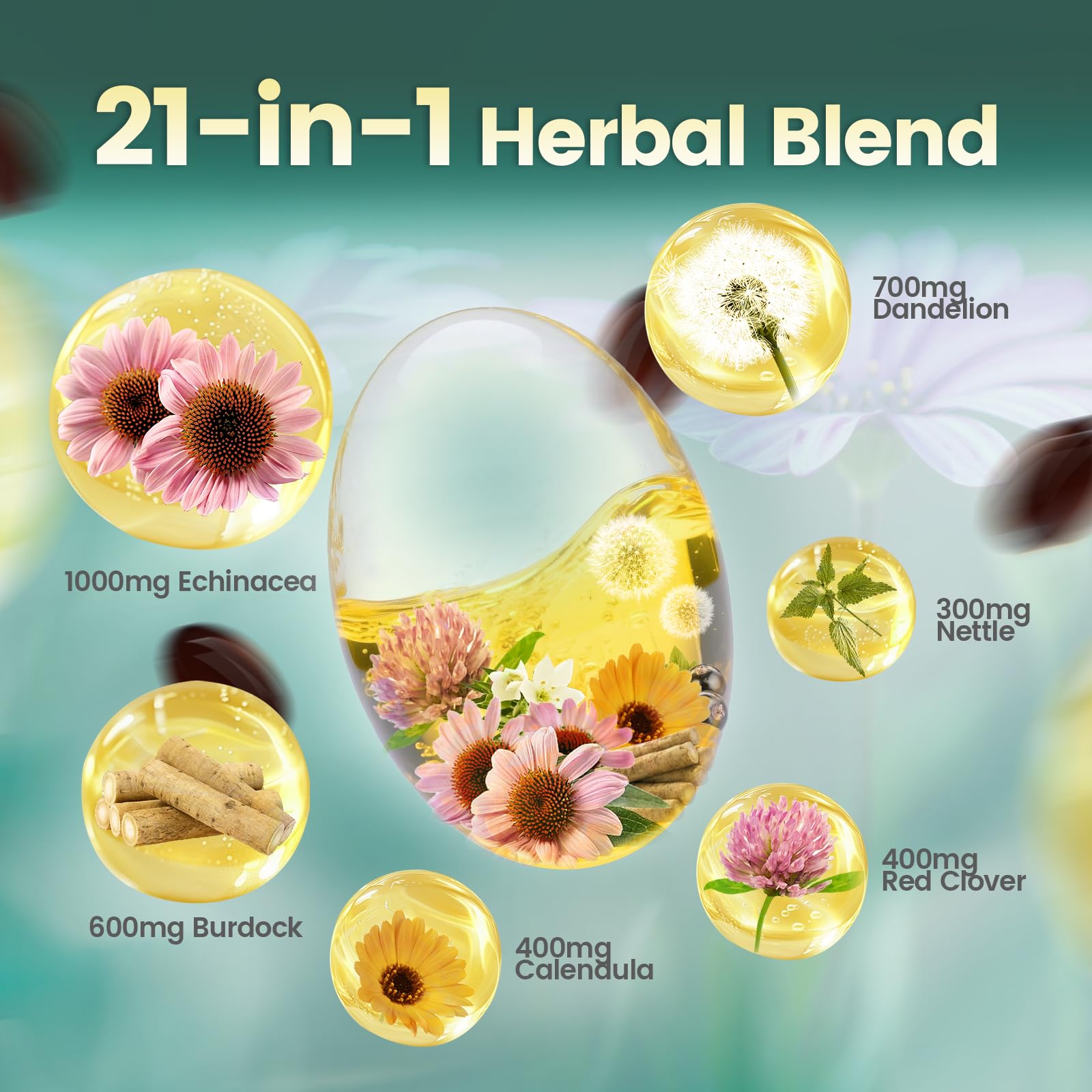 Herbal ingredients including echinacea, dandelion, and burdock