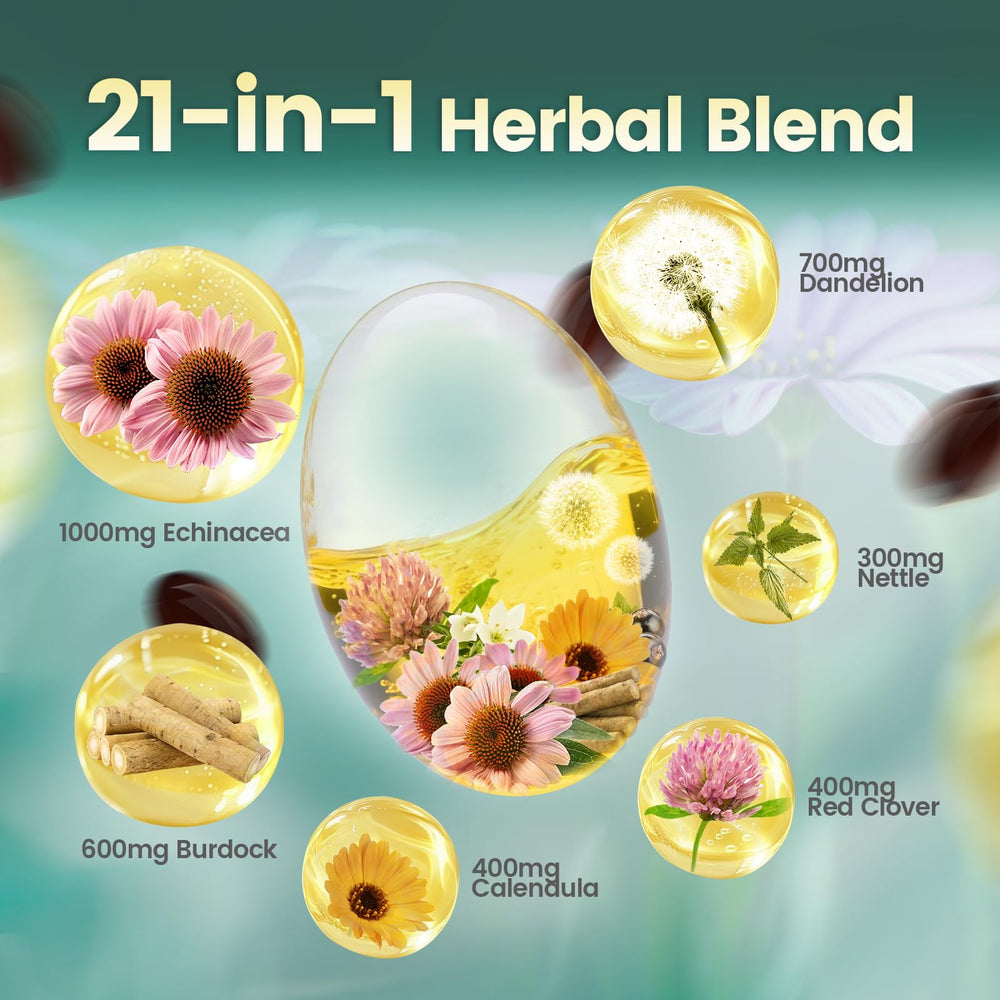 Herbal ingredients including echinacea, dandelion, and burdock