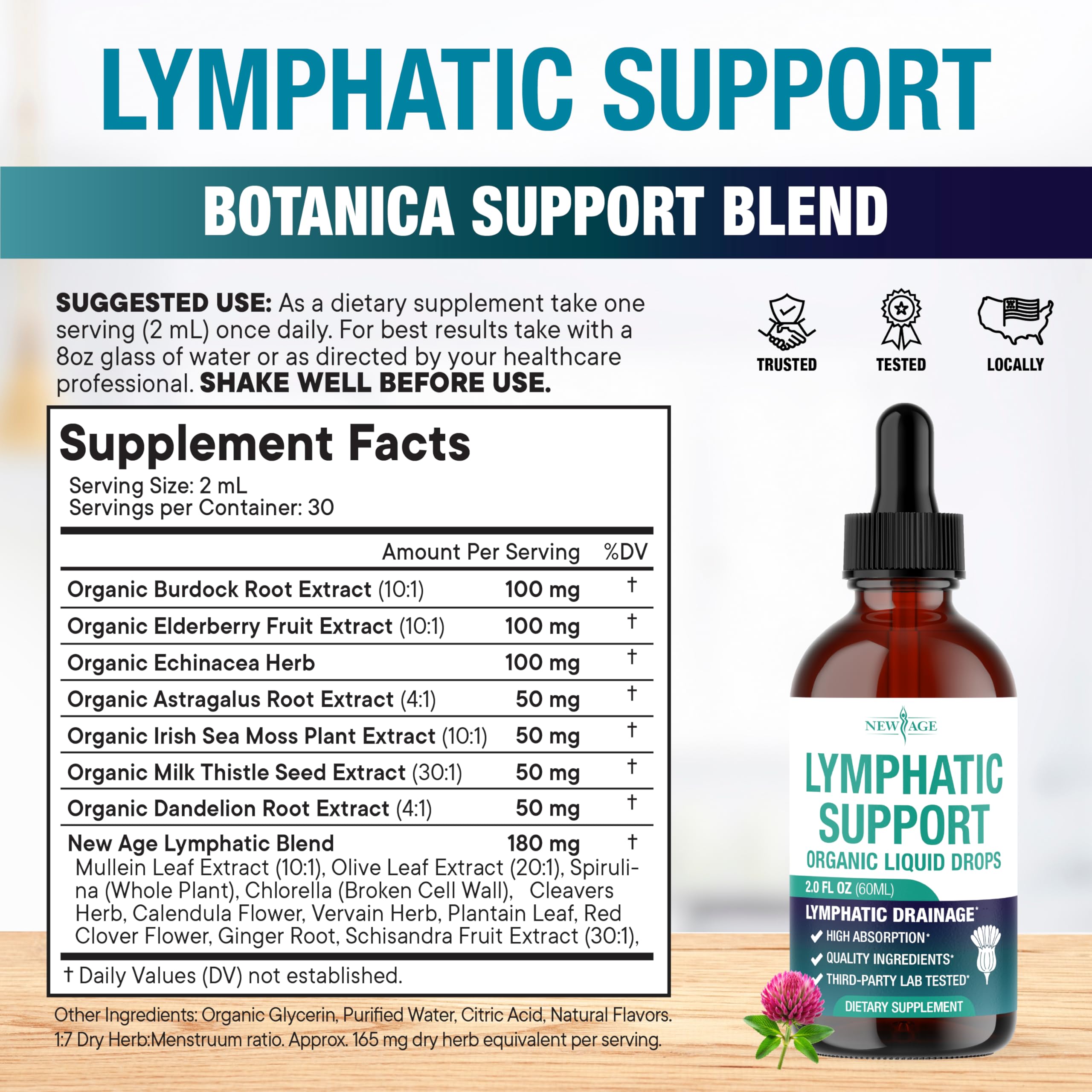 Herbal lymphatic drops setup with glass dropper on wood background