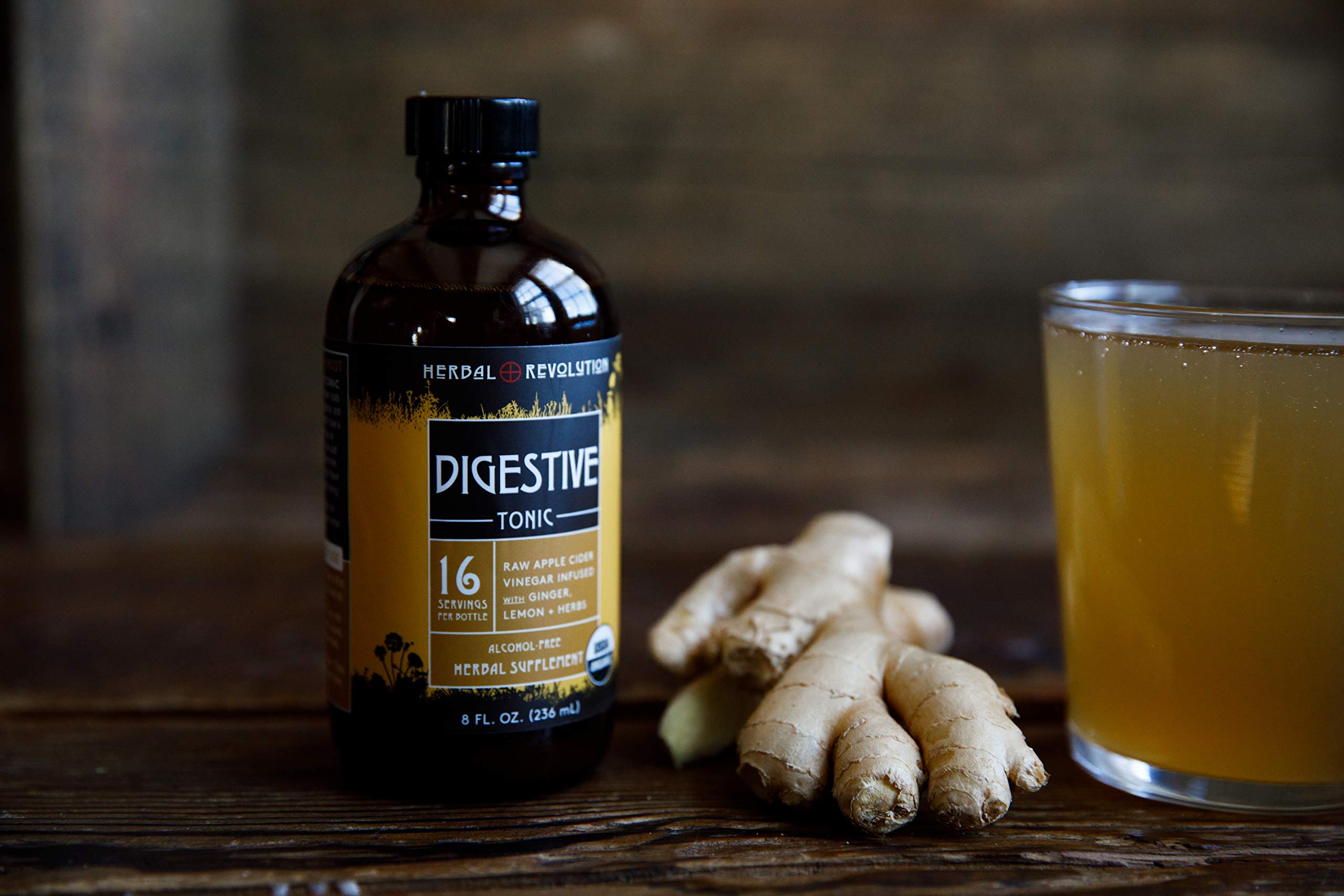 USDA Organic and Non-GMO certification seals for Herbal Revolution Digestive Tonic