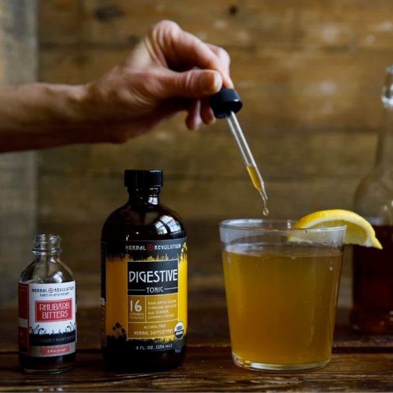 Serving ideas showing how to mix Digestive Tonic with water or juice