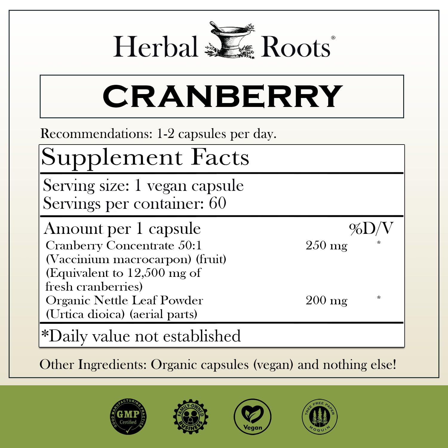 Close-up of Herbal Roots cranberry nettle capsules for urinary tract support
