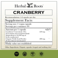 Close-up of Herbal Roots cranberry nettle capsules for urinary tract support