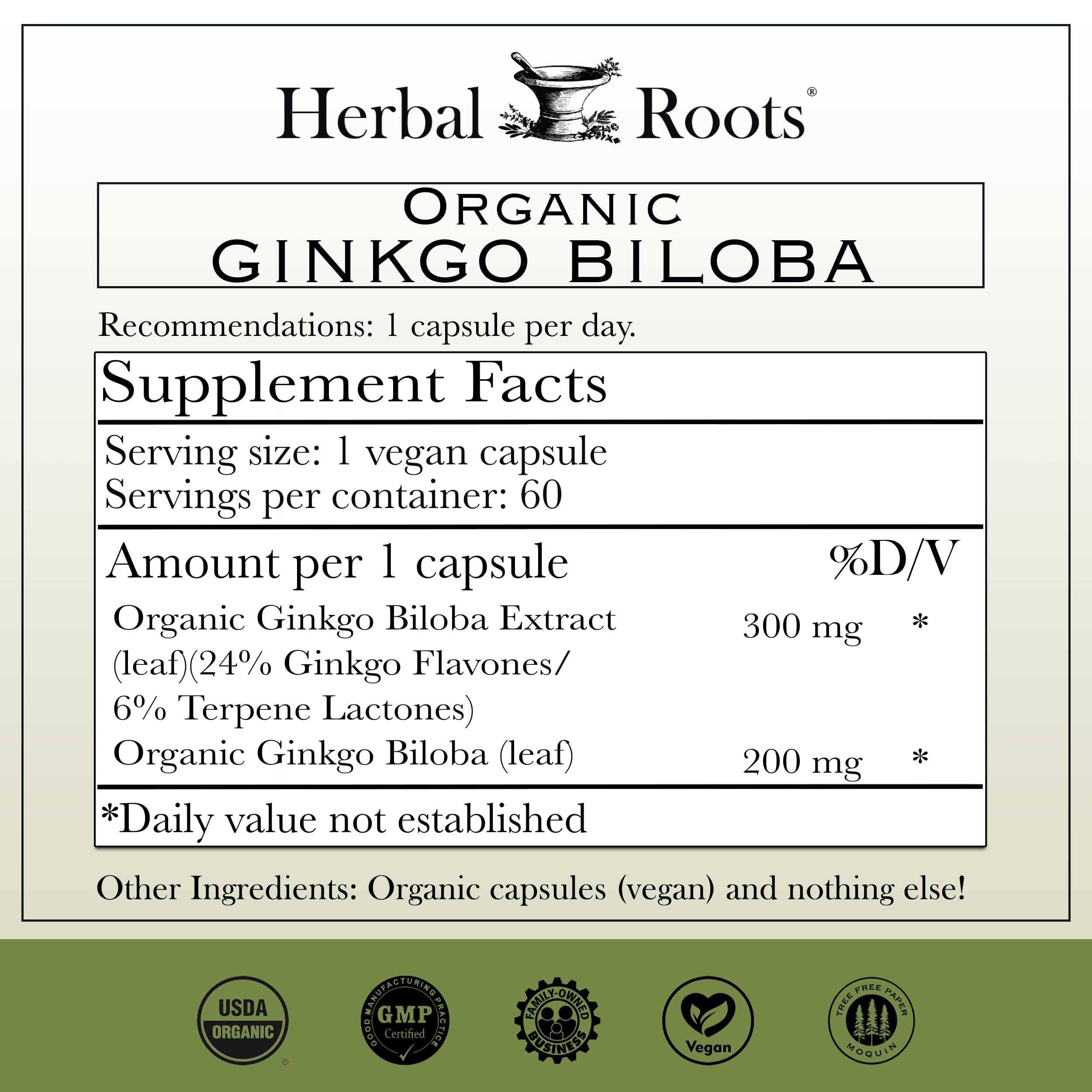 Close-up of Herbal Roots Ginkgo Biloba capsules beside bottle