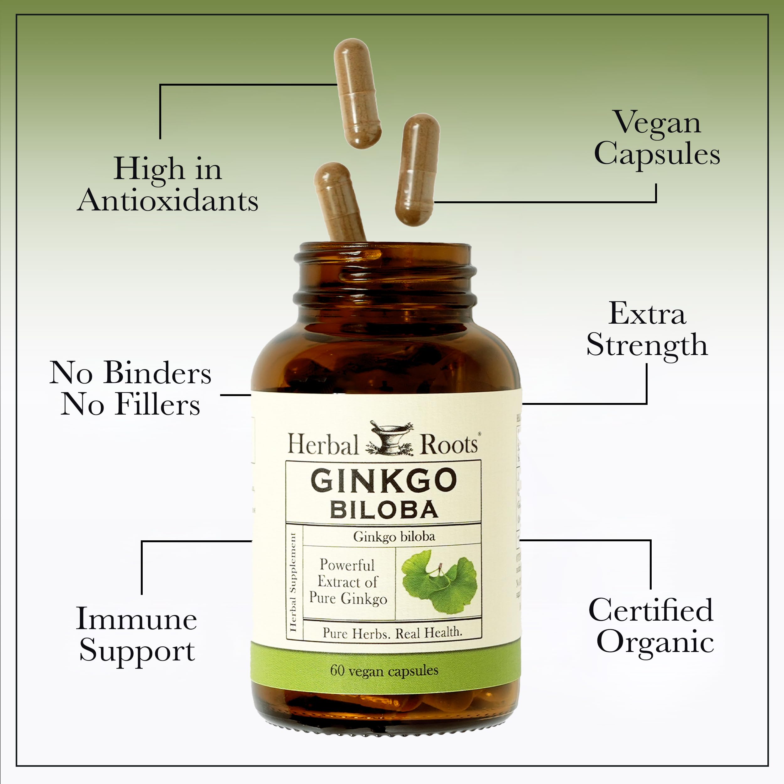Herbal Roots Ginkgo Biloba bottle with label visible