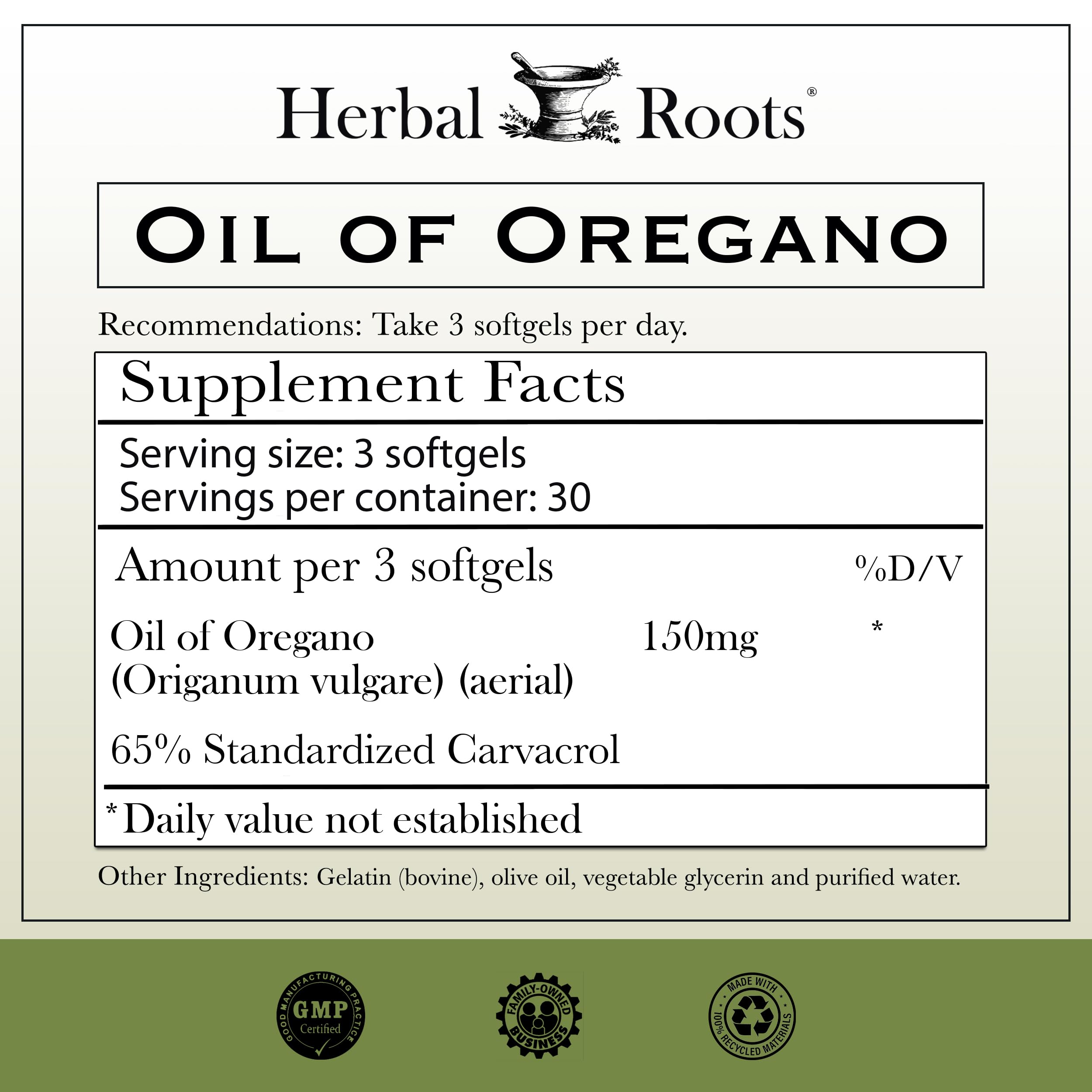Close-up of Herbal Roots Oil of Oregano bottle and ingredients