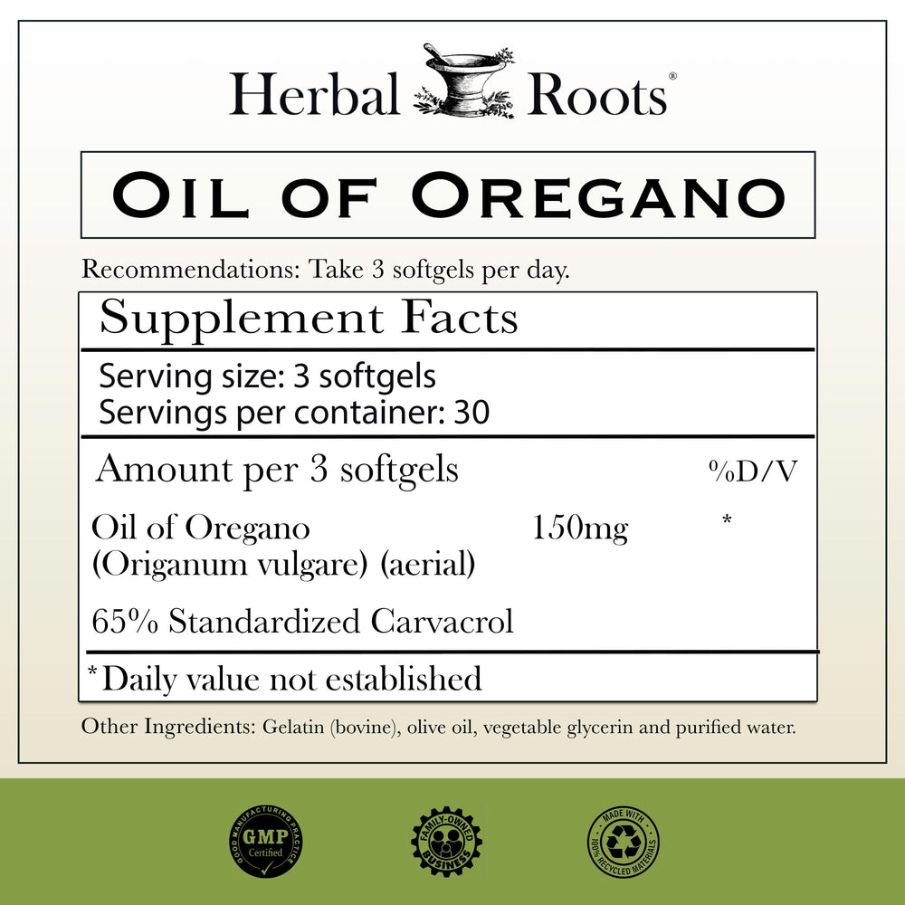 Close-up of Herbal Roots Oil of Oregano bottle and ingredients