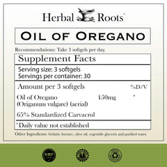 Close-up of Herbal Roots Oil of Oregano bottle and ingredients