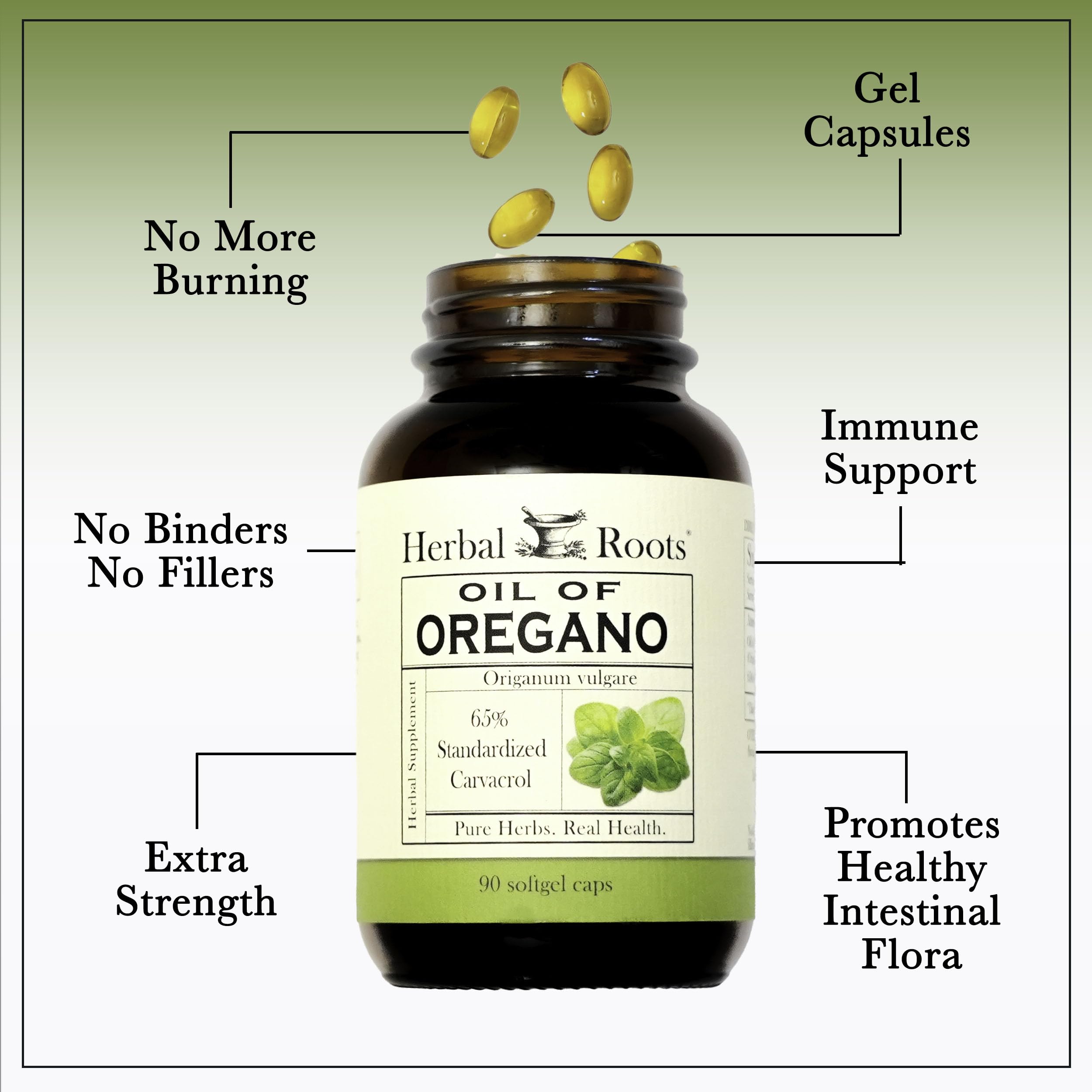 Close-up of oregano oil softgel capsules showing 150mg