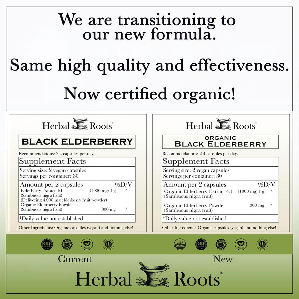 Bottle of Herbal Roots Black Elderberry Capsules with label