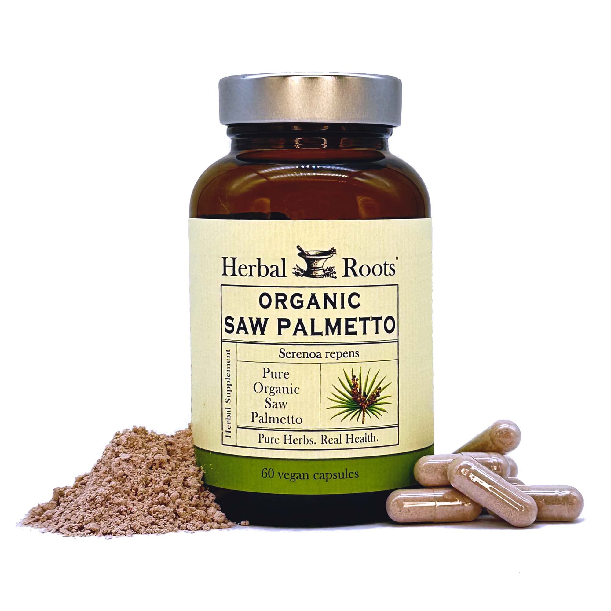 Herbal Roots Saw Palmetto 1000mg capsules bottle and label on white background