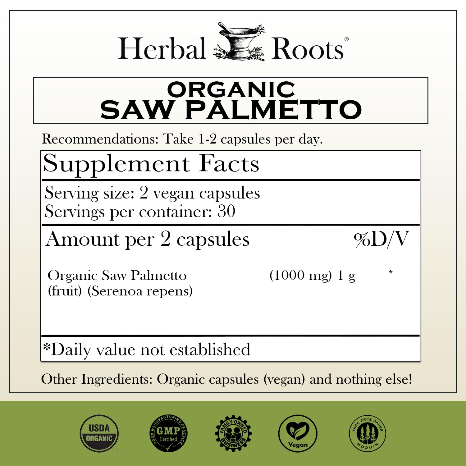 Herbal Roots Saw Palmetto capsules packaging with label