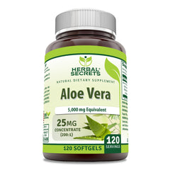 Front view of Herbal Secrets Aloe Vera 25 Mg Concentrate 200:1 bottle with 120 softgels