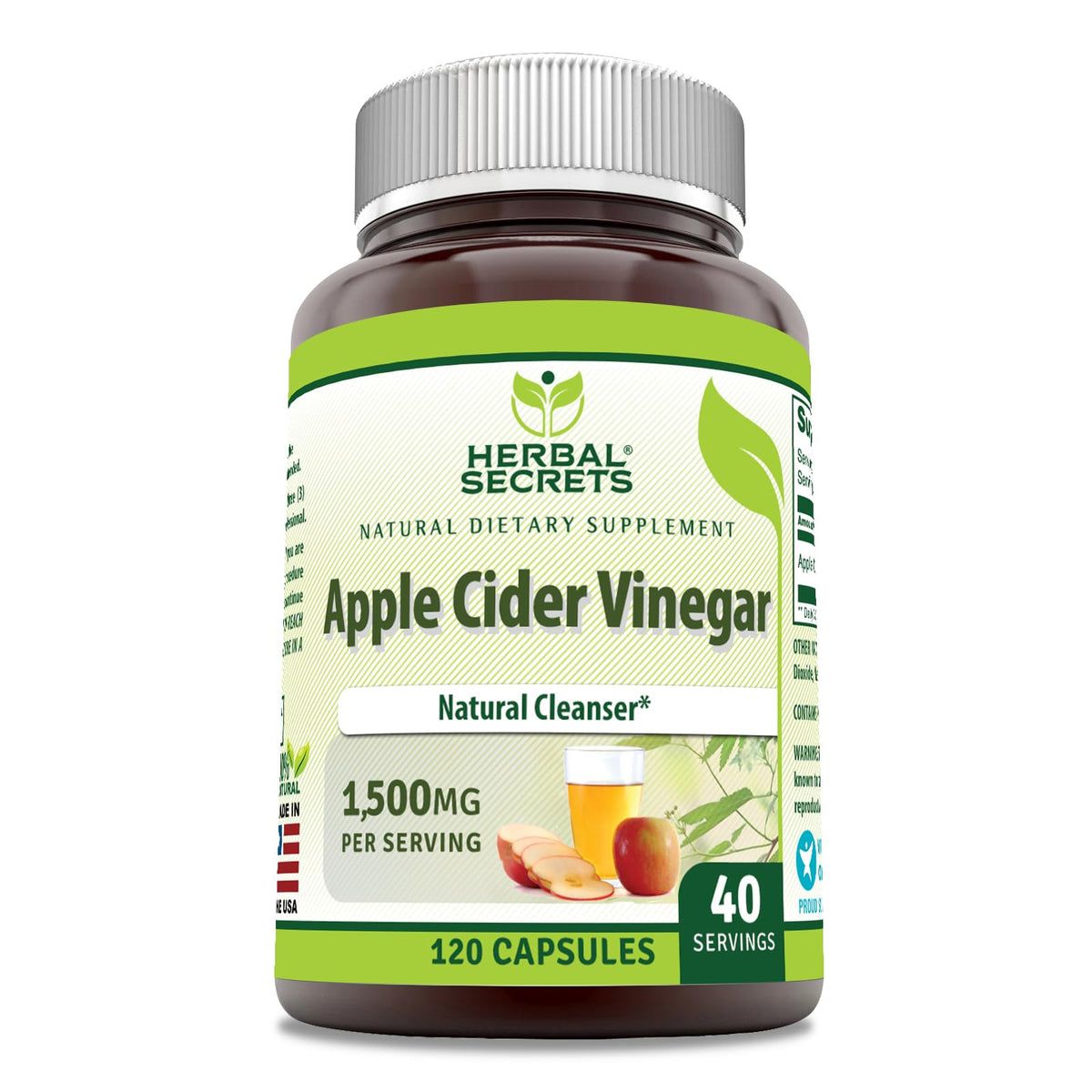 Herbal Secrets Apple Cider Vinegar bottle showing 1500 mg per serving