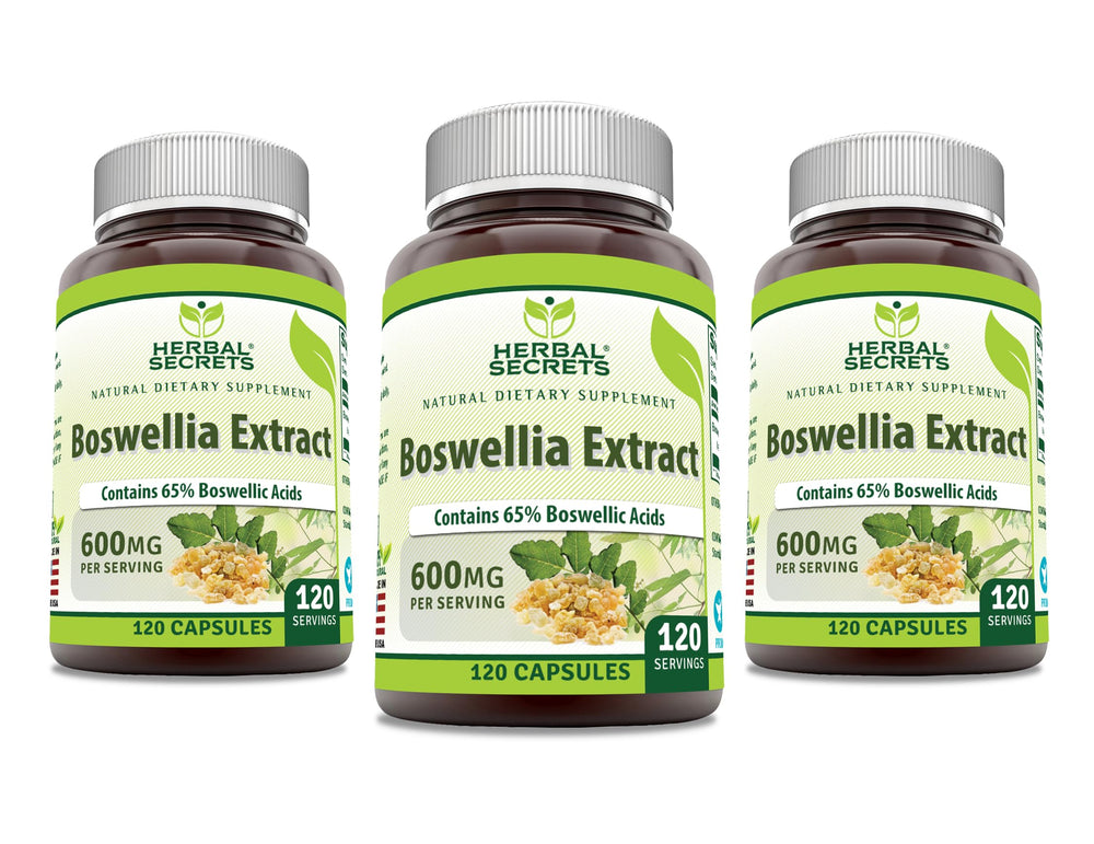 Herbal Secrets Boswellia Serrata Extract 600 mg capsules bottle label with 65% boswellic acids, Non-GMO, Gluten Free, 120-count, 3-pack
