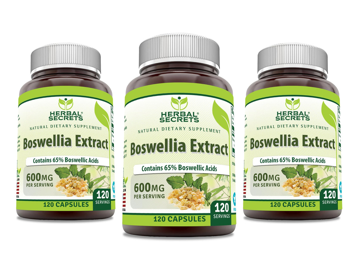 Herbal Secrets Boswellia Serrata Extract 600 mg capsules bottle label with 65% boswellic acids, Non-GMO, Gluten Free, 120-count, 3-pack