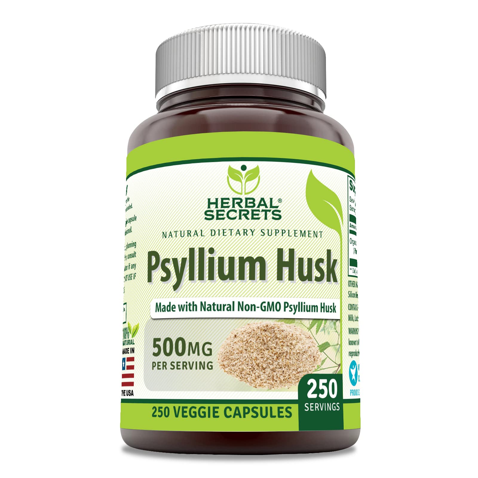 Herbal Secrets Psyllium Husk 500 mg Veggie Capsules - 250 Count