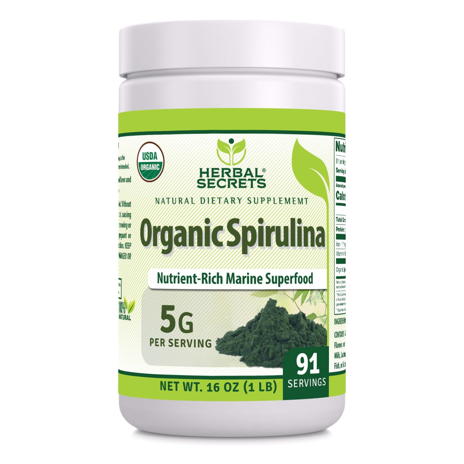 Front view of Herbal Secrets Organic Spirulina Powder 16oz bottle