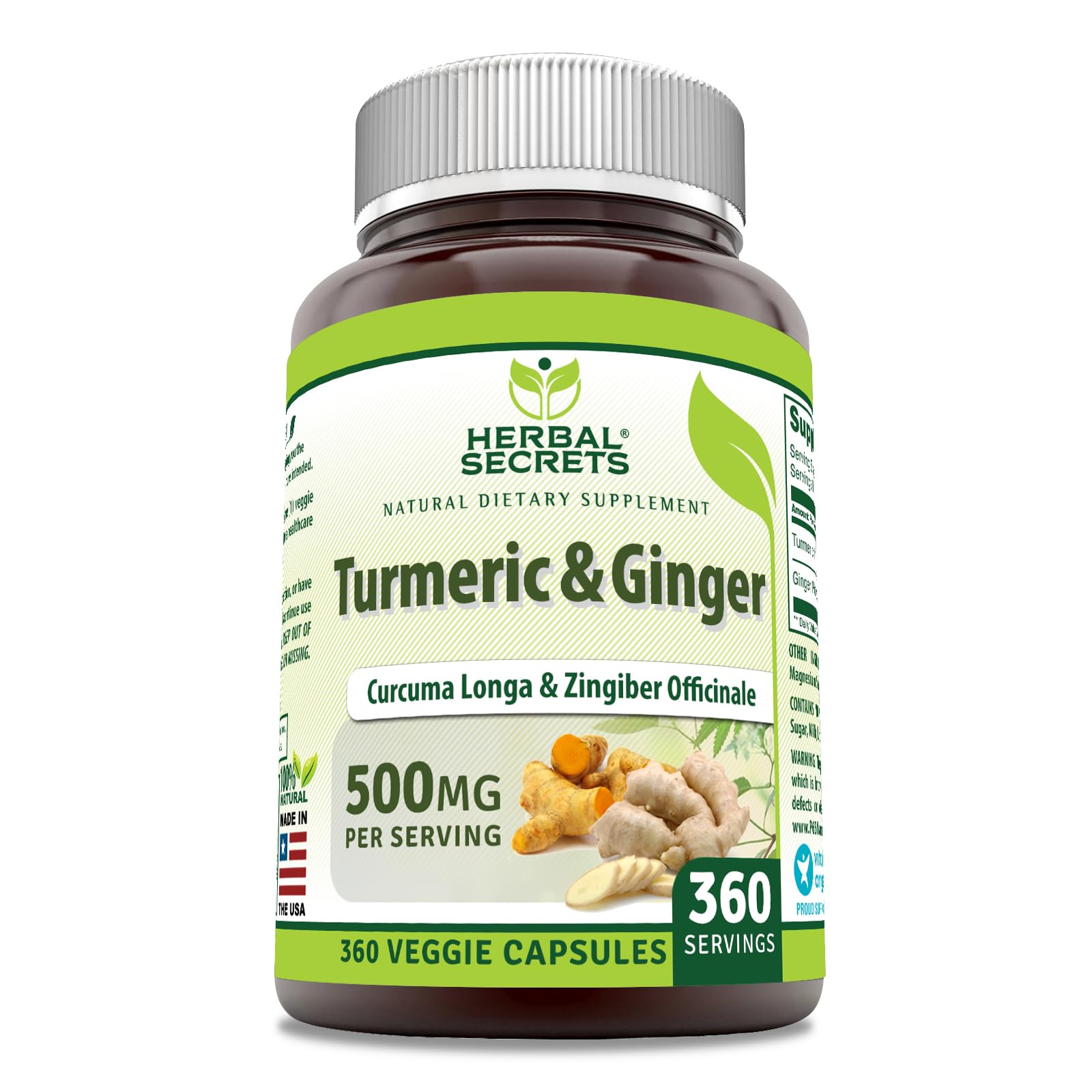 Herbal Secrets Turmeric & Ginger 500 mg Veggie Capsule bottle front view