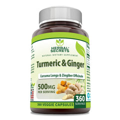 Herbal Secrets Turmeric & Ginger 500 mg Veggie Capsule bottle front view