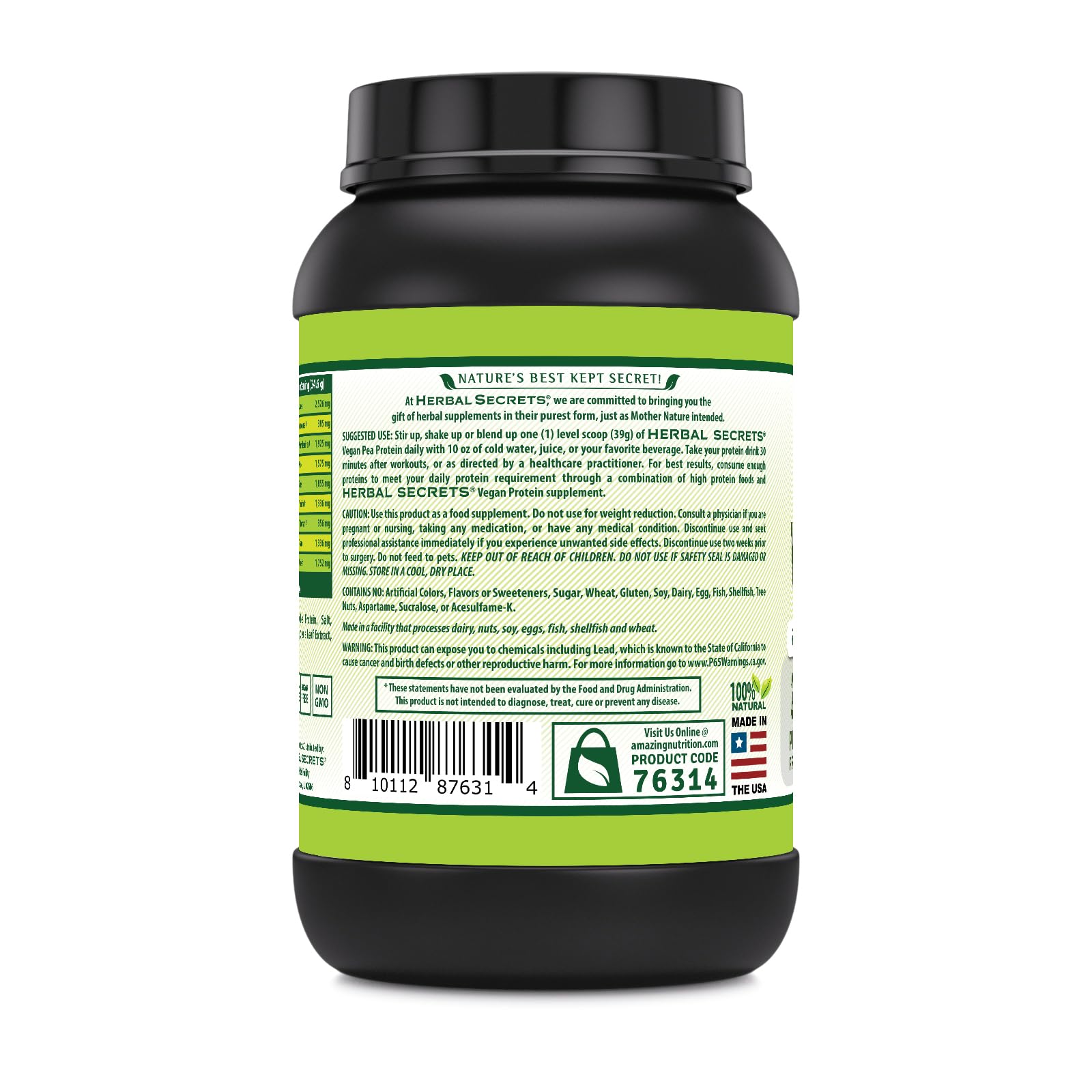 Herbal Secrets Vegan Protein bottle made in USA