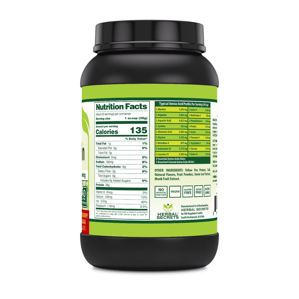 Nutrition label showing 28g protein per serving and 23 servings per bottle