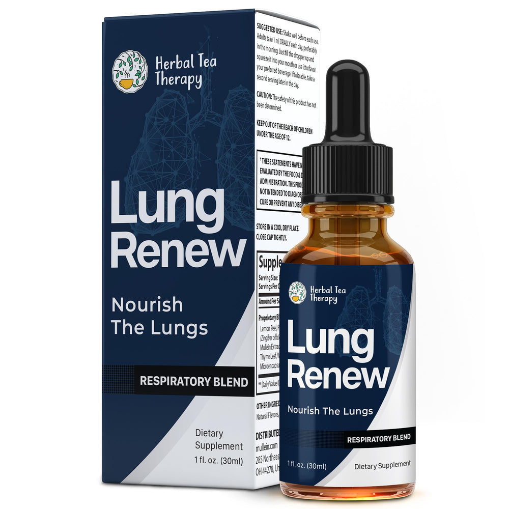 Bottle of Herbal Tea Therapy Lung Renew Mullein Drops with label visible.