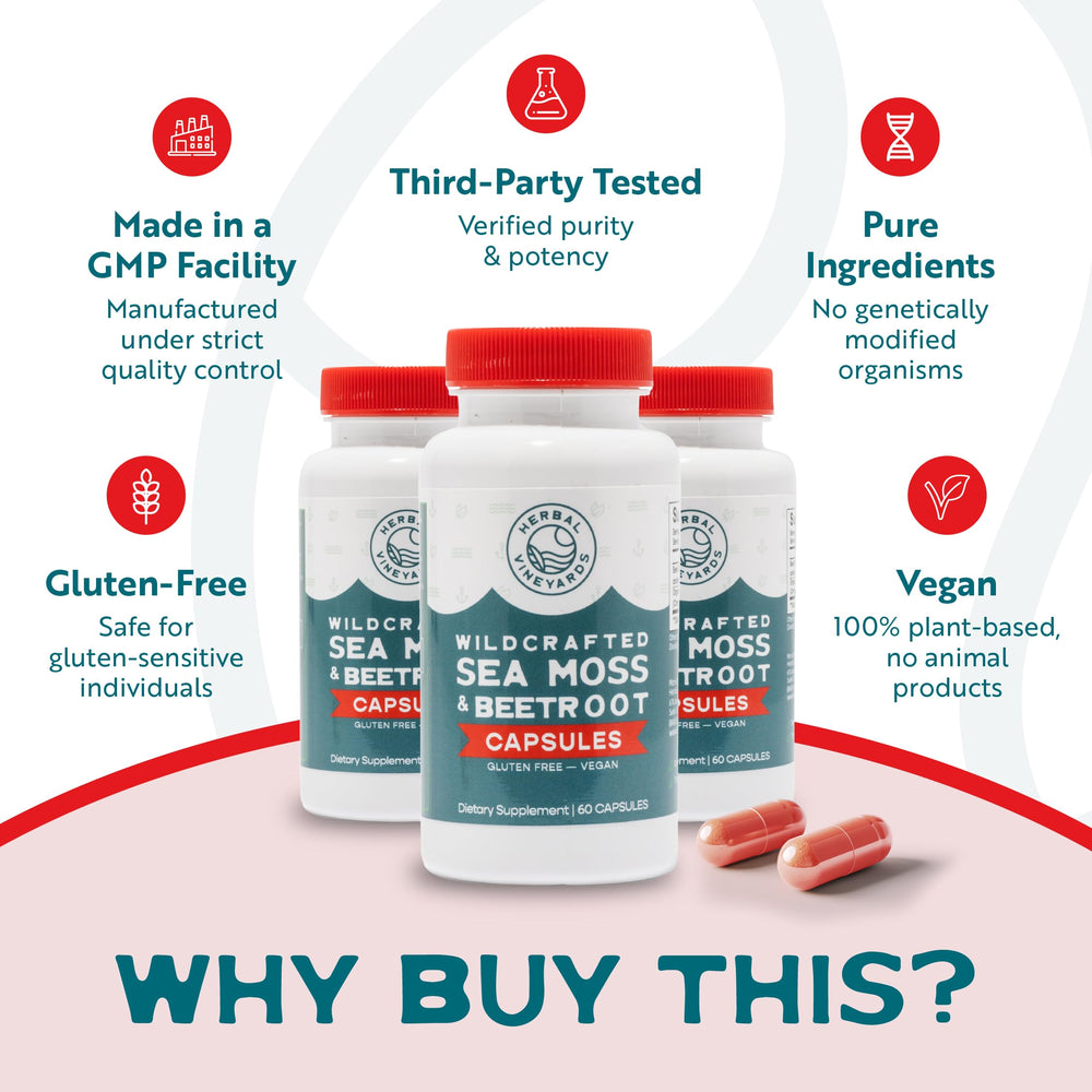 Close-up of sea moss and beetroot capsules ingredients