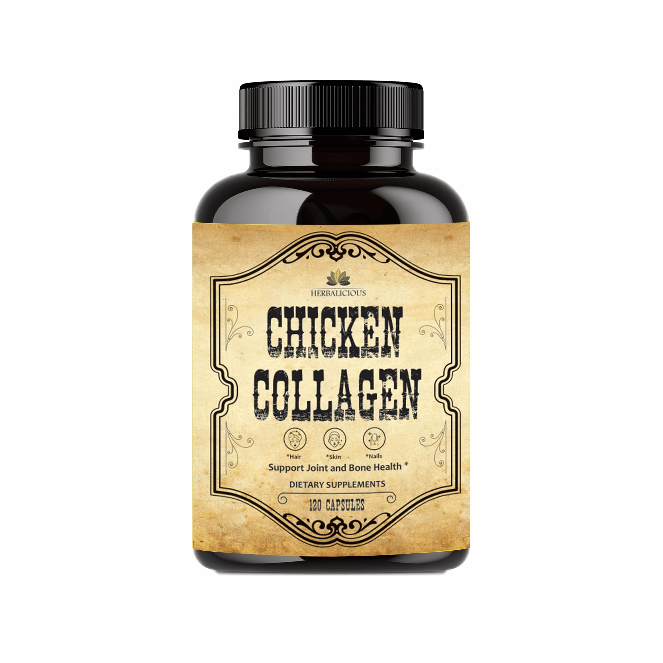 Bottle of HERBALICIOUS Chicken Collagen Capsules with label