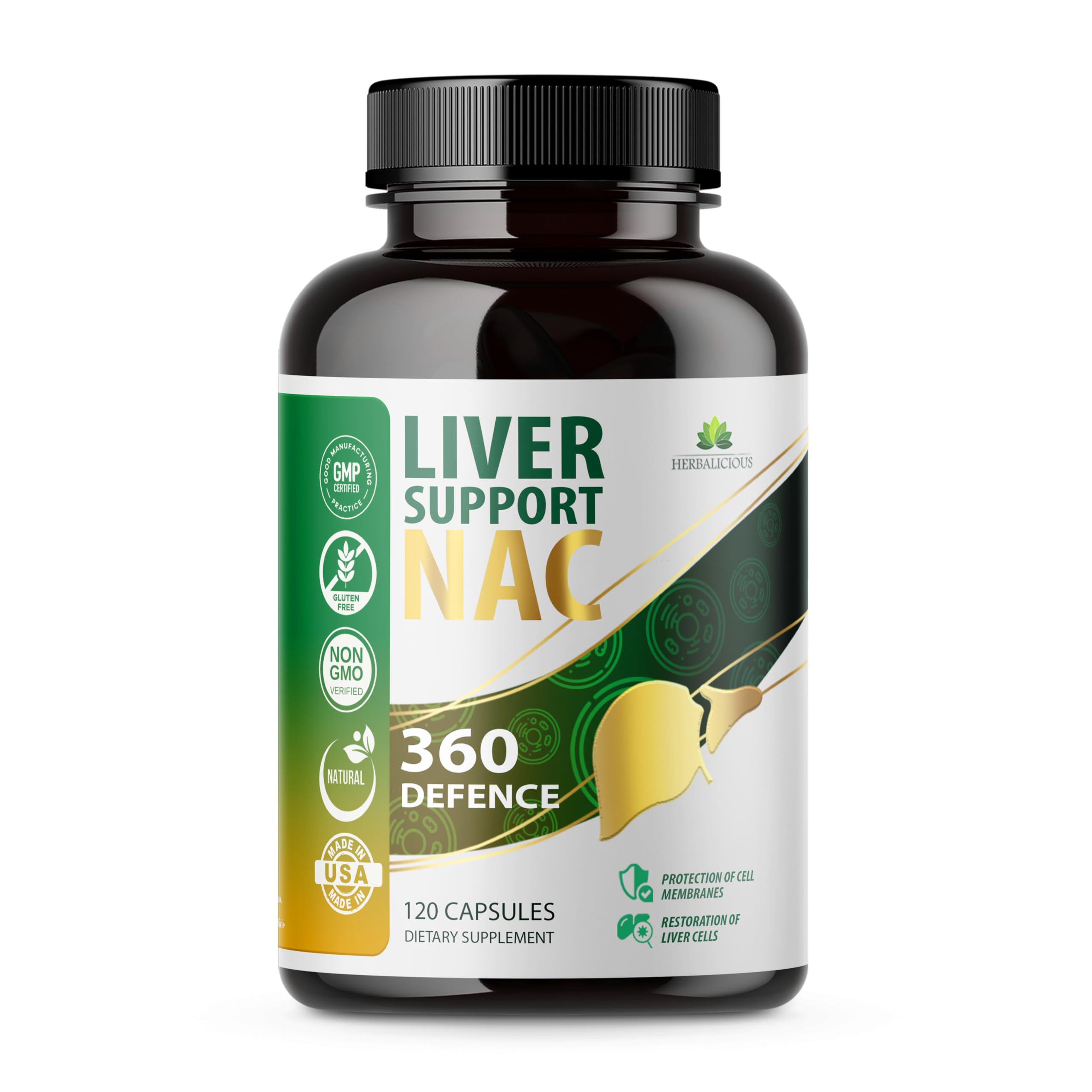 Herbalicious liver-support NAC360 bottle front showcases daily detox support