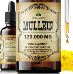 HERBALICIOUS Mullein Drops bottle promoting natural lung support.