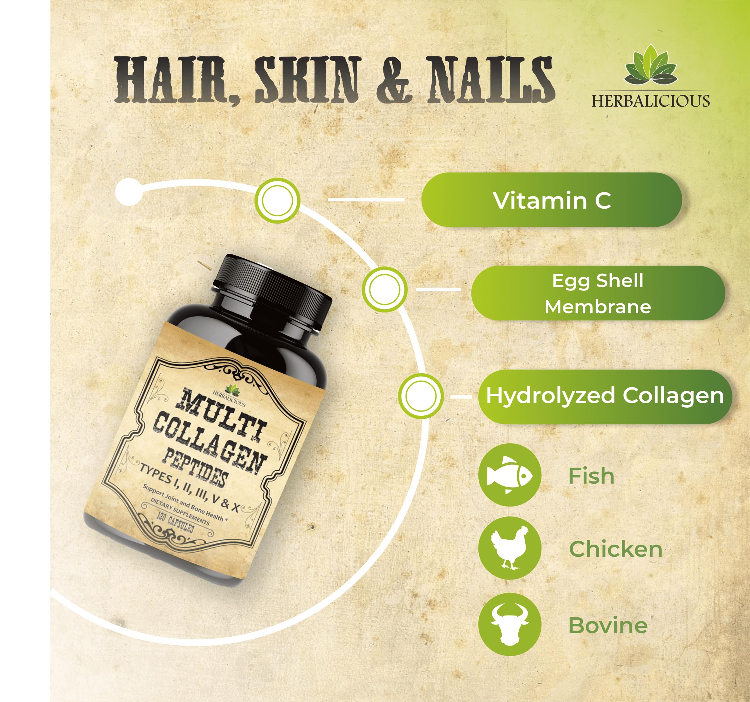 Close-up of collagen capsules inside the bottle