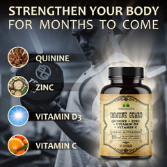 Close up of quinine capsule with Vitamin C, D3 and Zinc ingredients