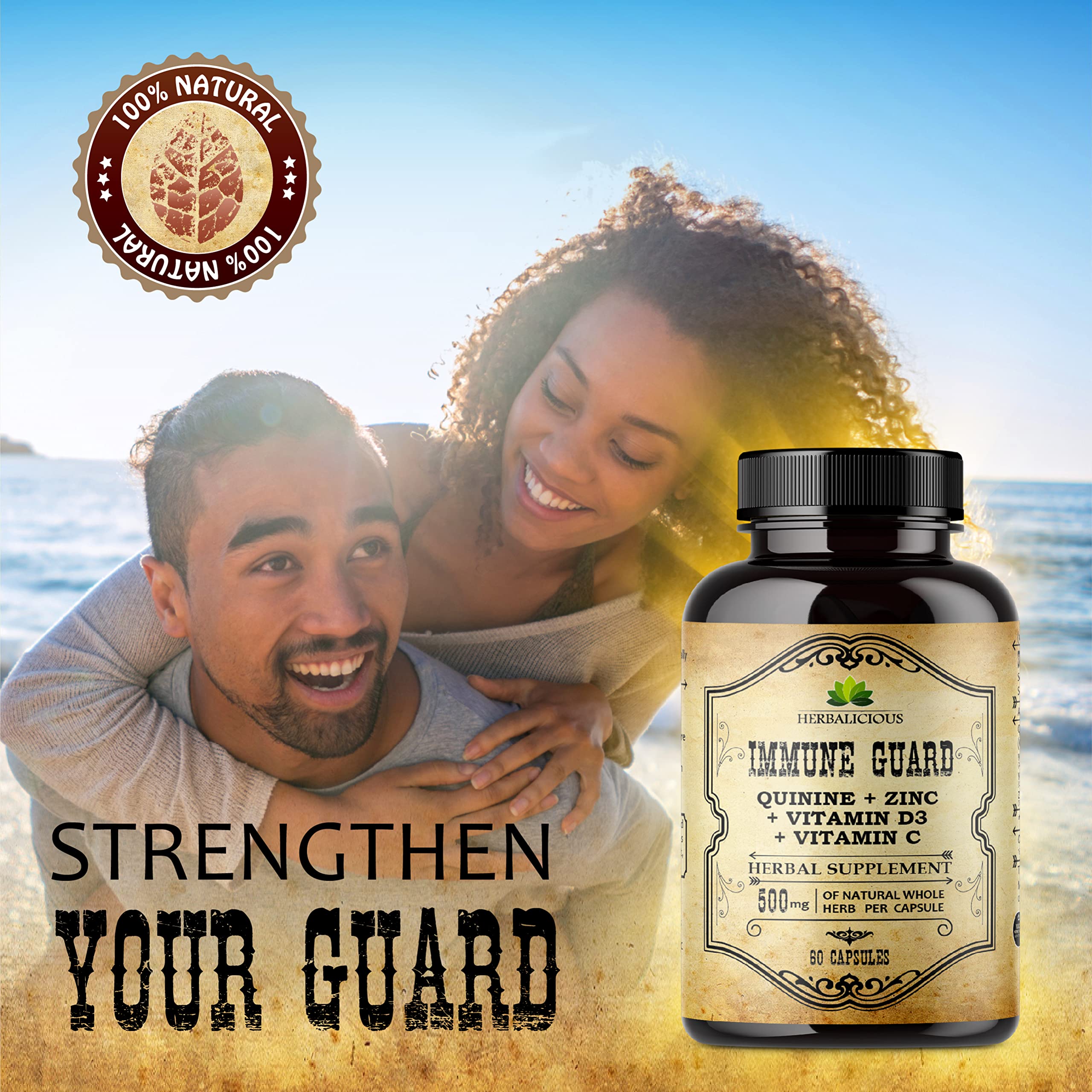 Money back guarantee badge next to product packaging