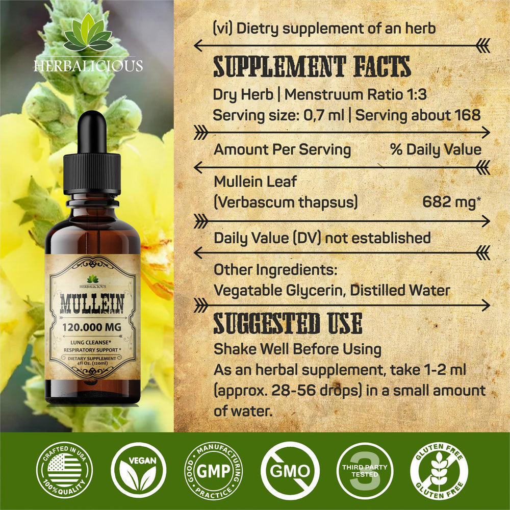 HERBALICIOUS Mullein Drops produced in the USA for quality assurance.