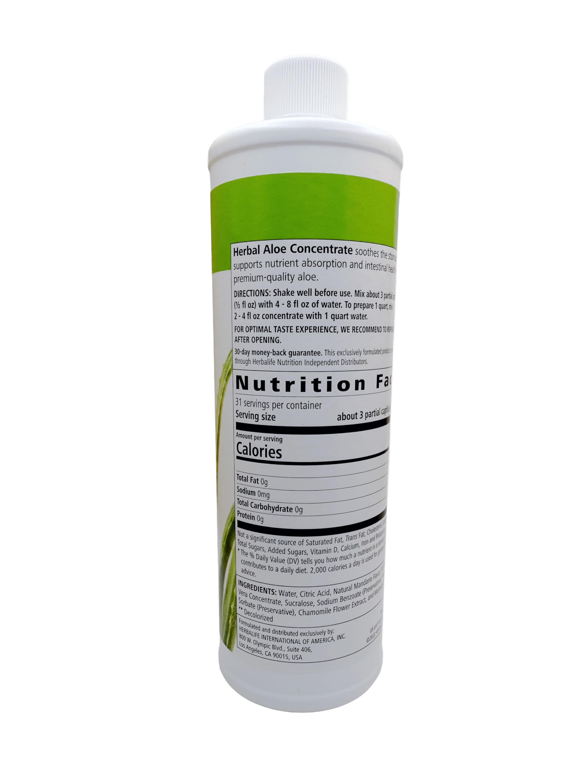 Herbalife Aloe Concentrate Mandarin bottle with a glass and ingredients