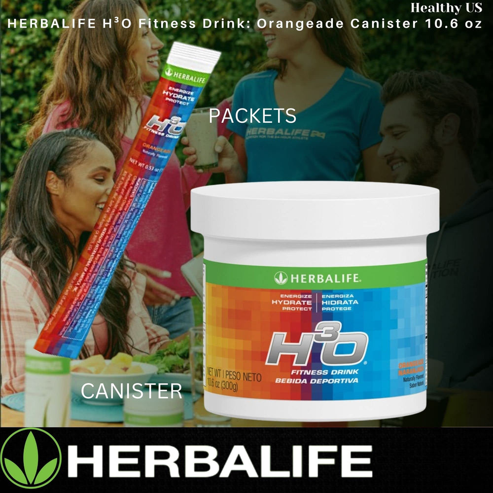 Promotional shot featuring Herbalife H³O Orangeade canister with citrus graphics