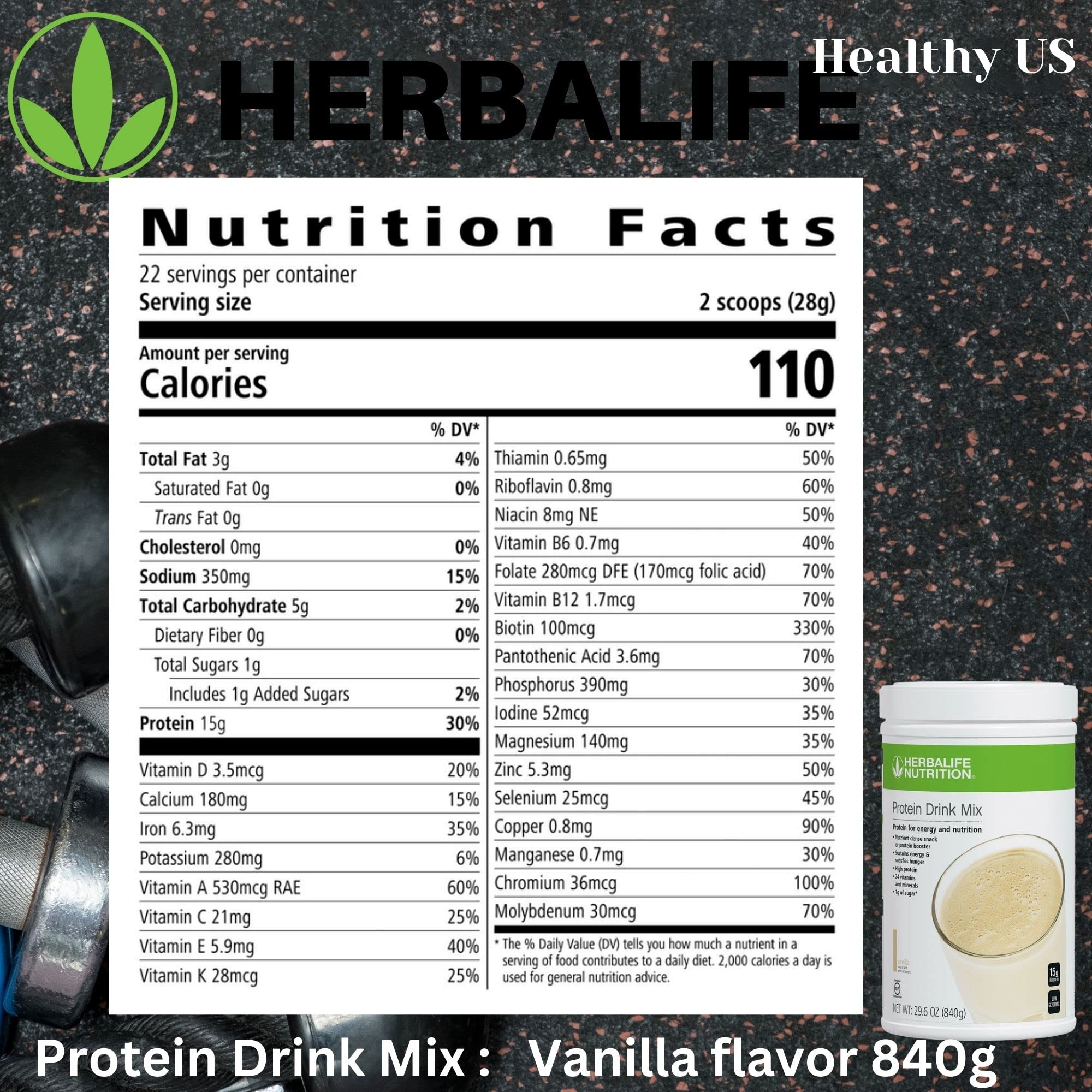 Herbalife Protein Drink Mix Vanilla tub closed — compact storage and freshness