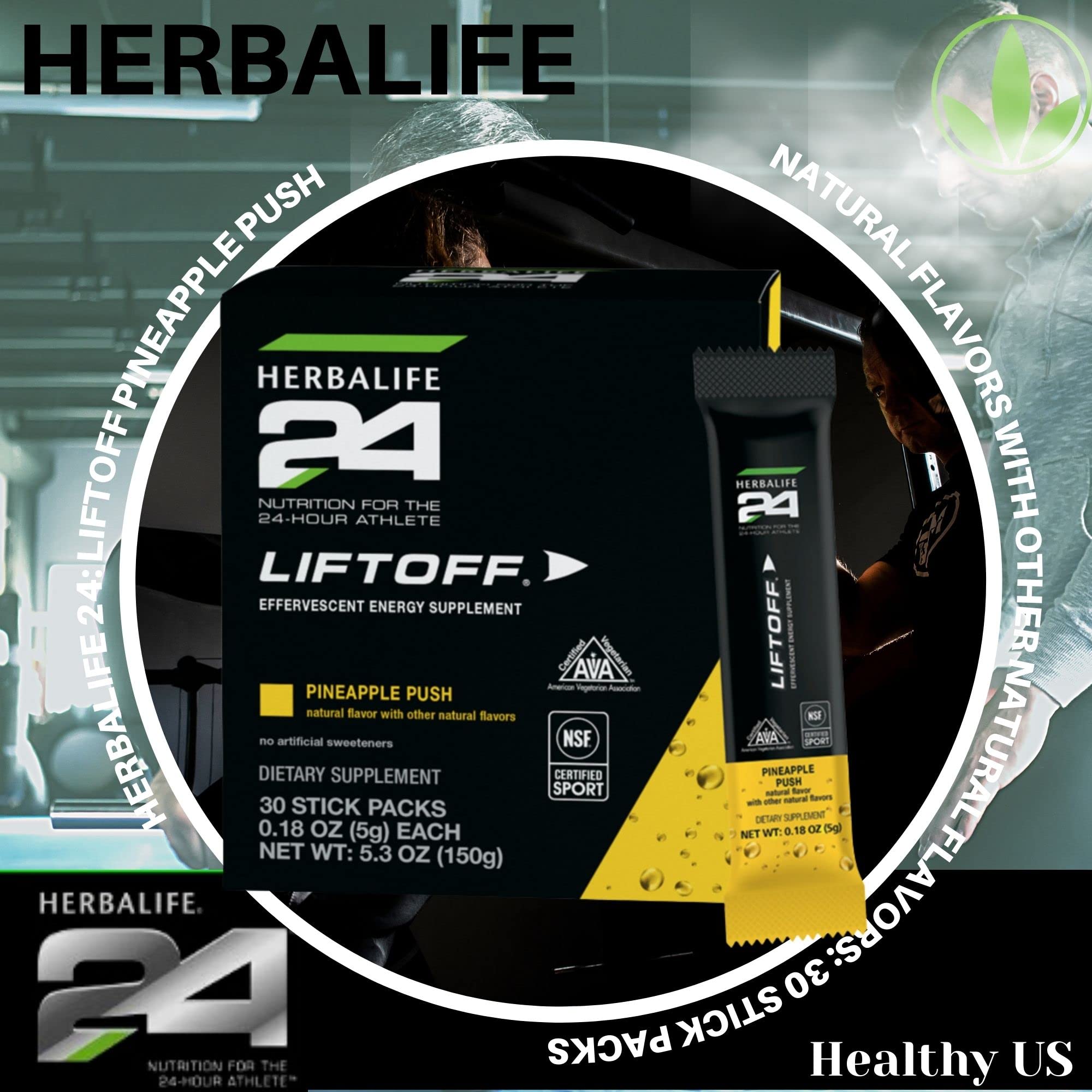Herbalife24 Liftoff Pineapple Push stick pack beside water bottle for on-the-go energy.