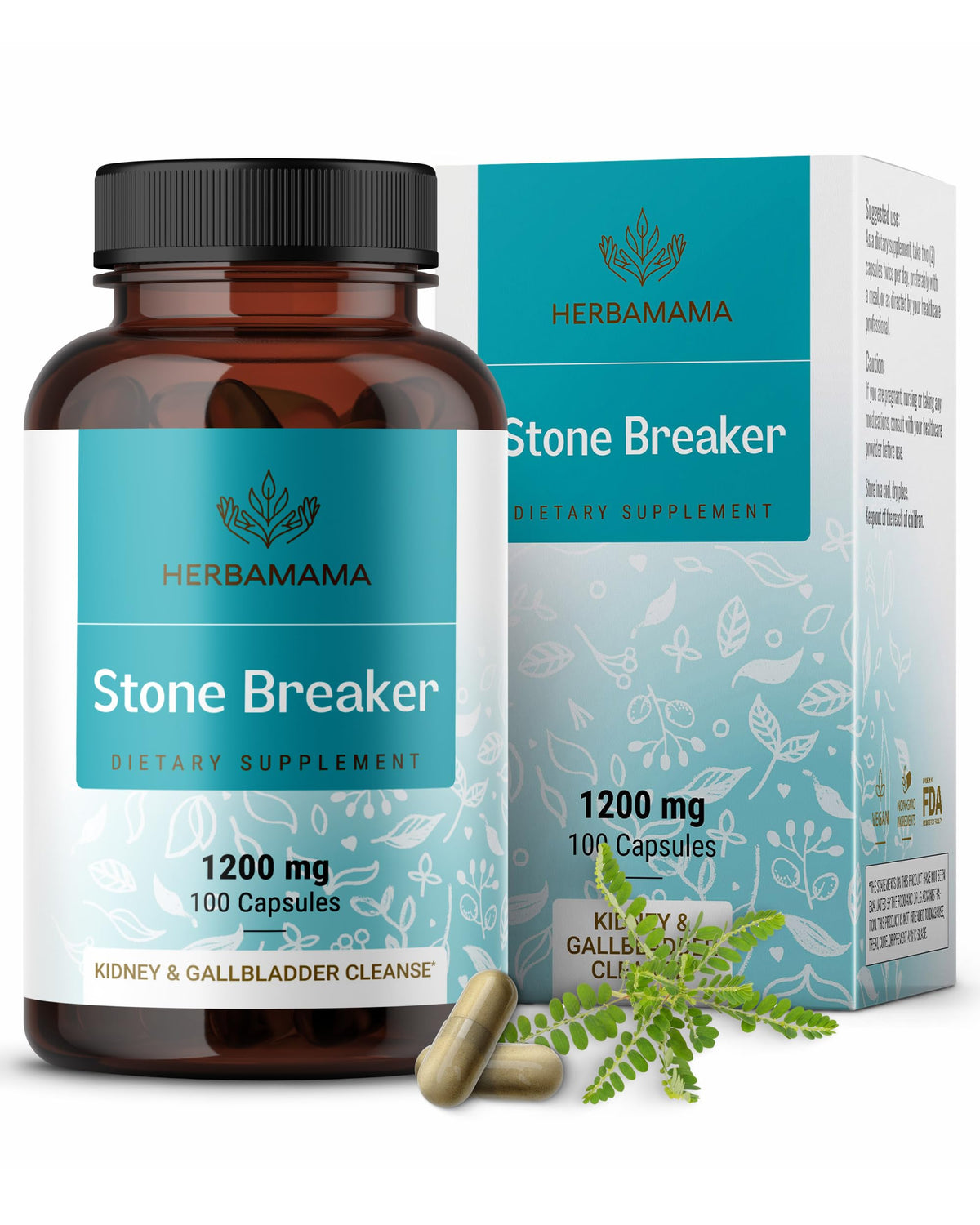 Bottle front view of HERBAMAMA Chanca Piedra Stone Breaker 1200mg capsules