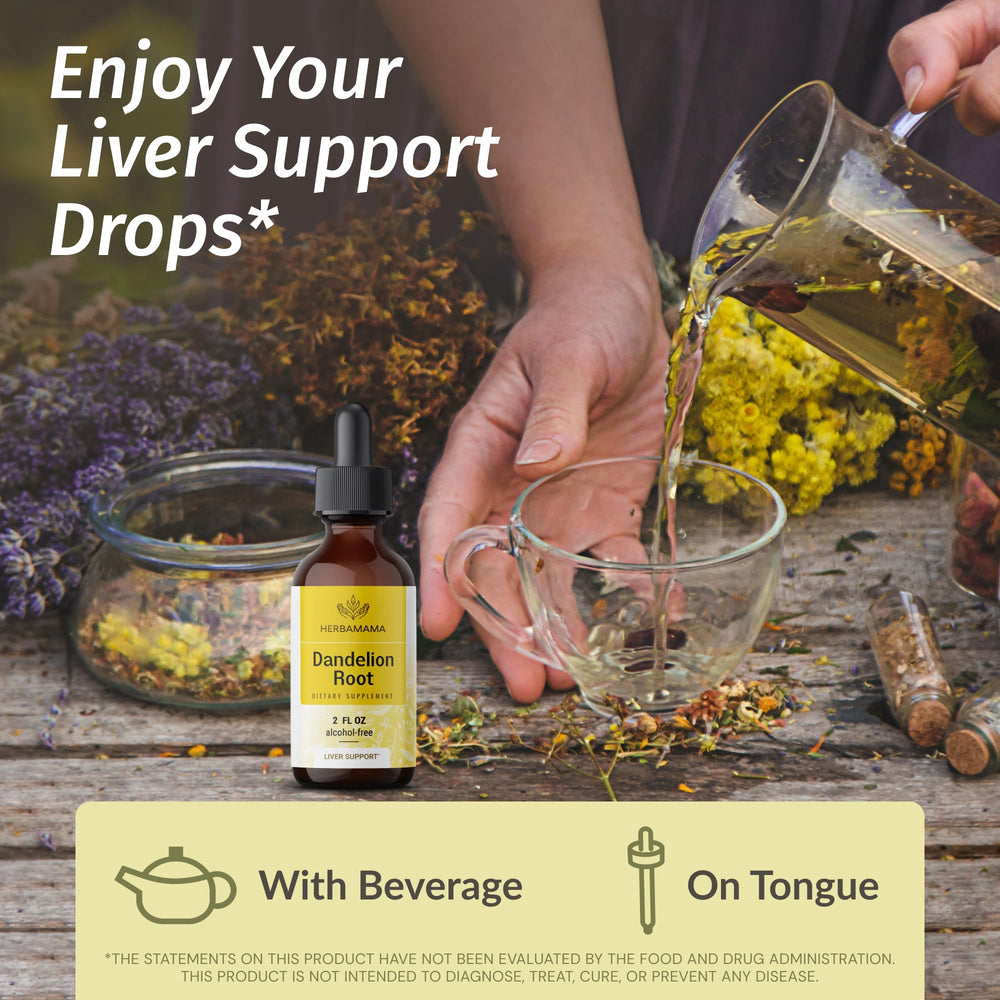 Close-up of HERBAMAMA Dandelion Root Tincture label