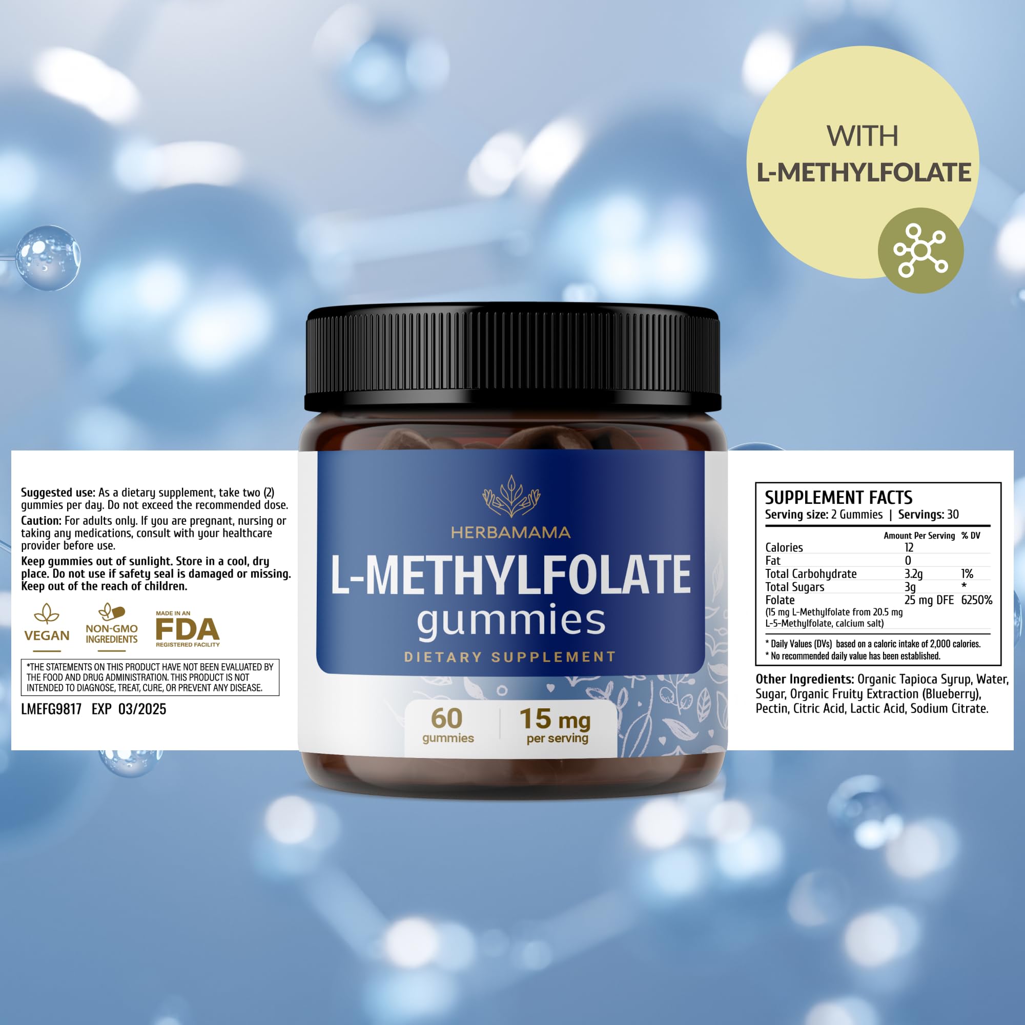 Gluten-free folate gummies with natural blueberry flavor