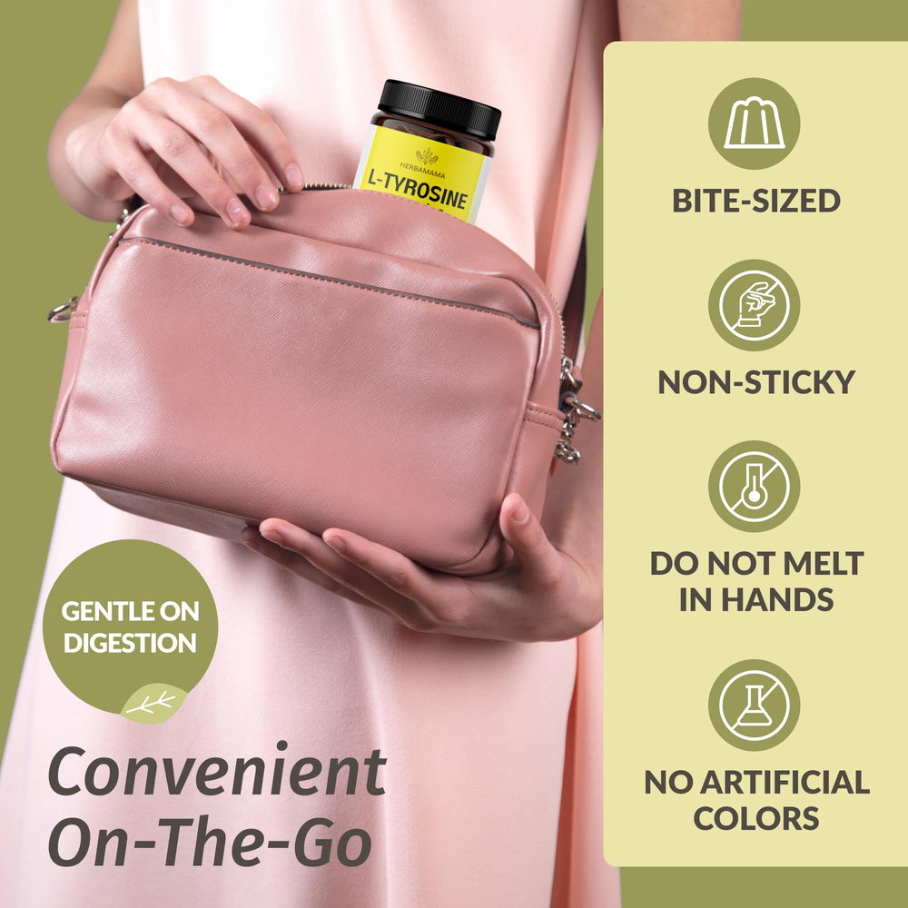 On-the-go bite-sized Tyrosine gummies in hand