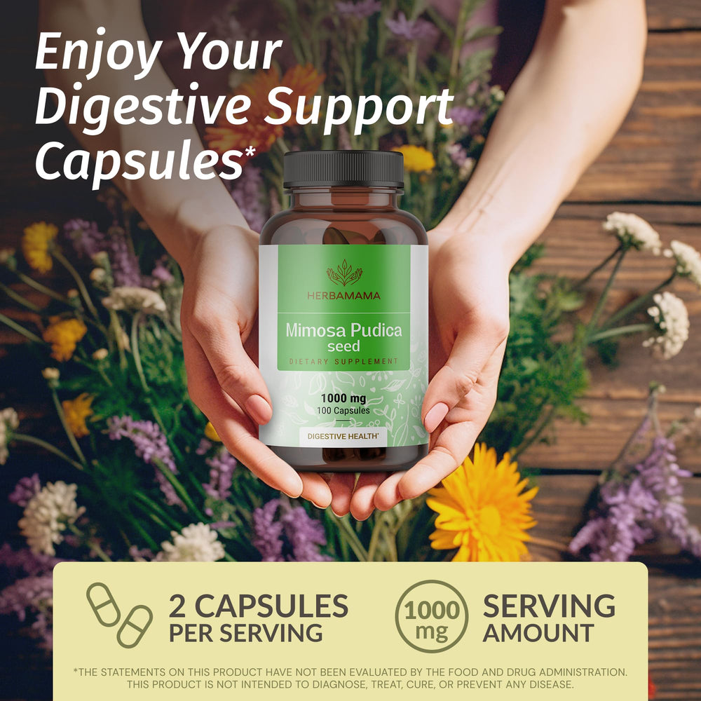 HERBAMAMA Mimosa Pudica capsules close-up showing two-ingredient formula.