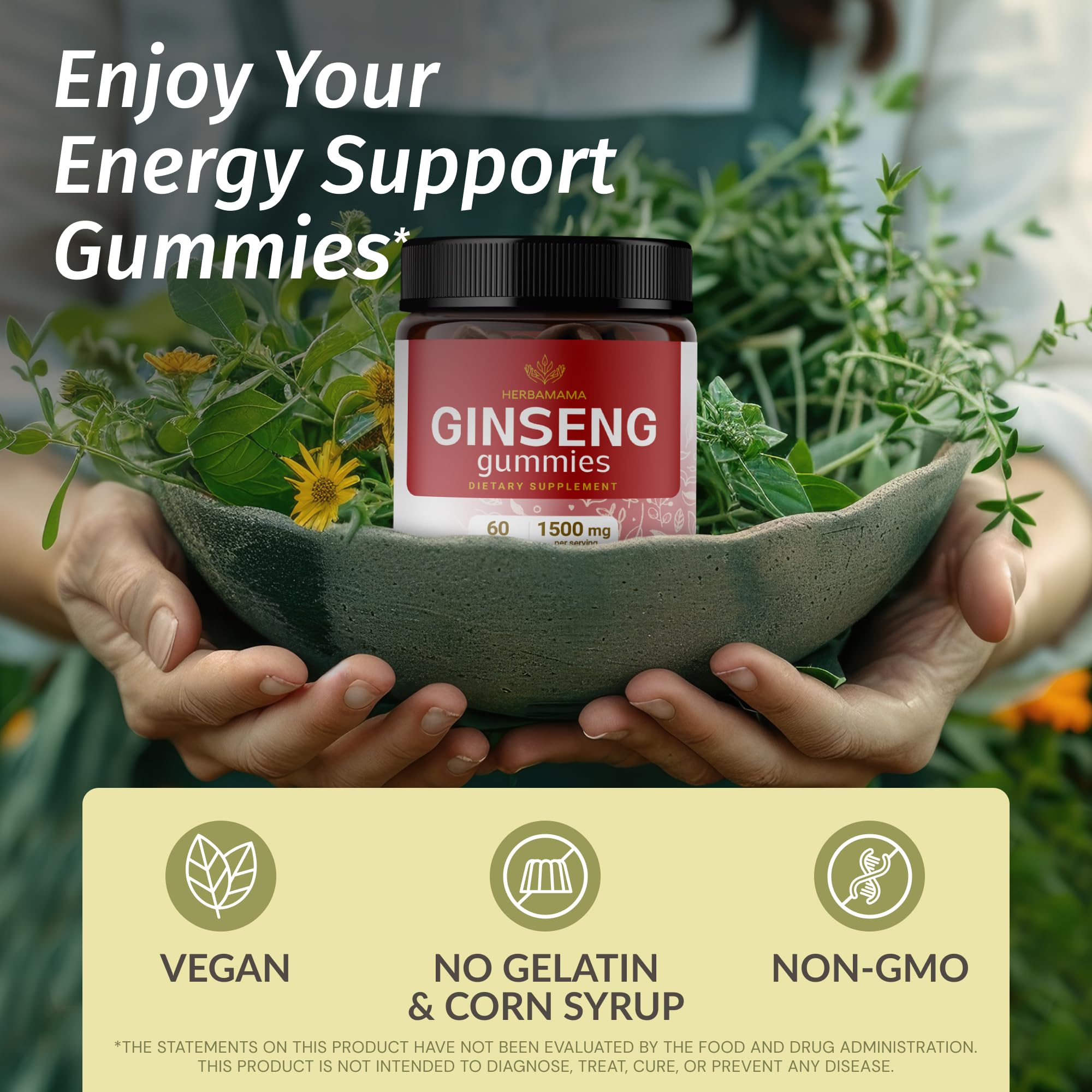 Label highlighting vegan, non GMO Panax Ginseng gummies 1500mg Korean Red Ginseng